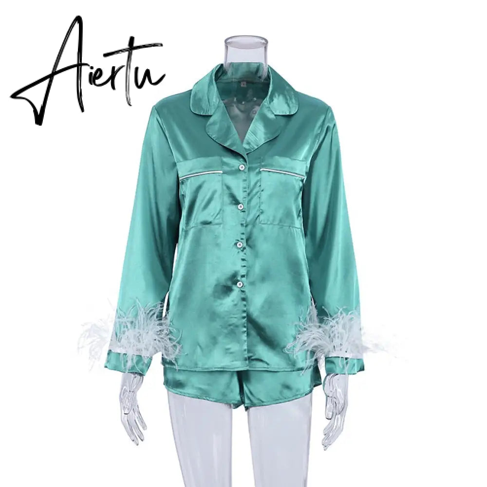 Pajamas For Women 2 Piece Set Feathers Long Sleeve Turn Down Collar Sleepwear Autumn Casual Night Suits With Shorts Satin Aiertu