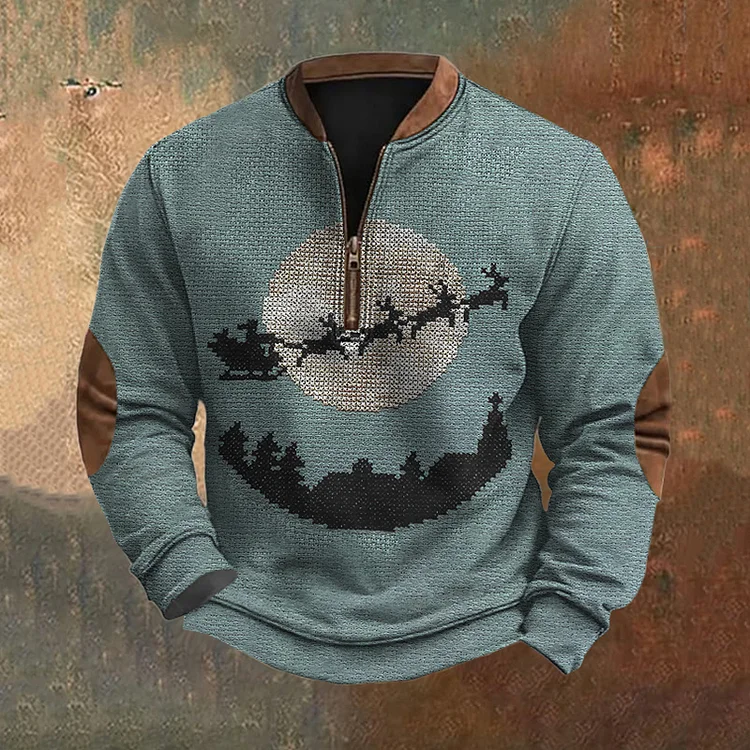 Men's Christmas Eve Zipper V Neck Casual Sweatshirt