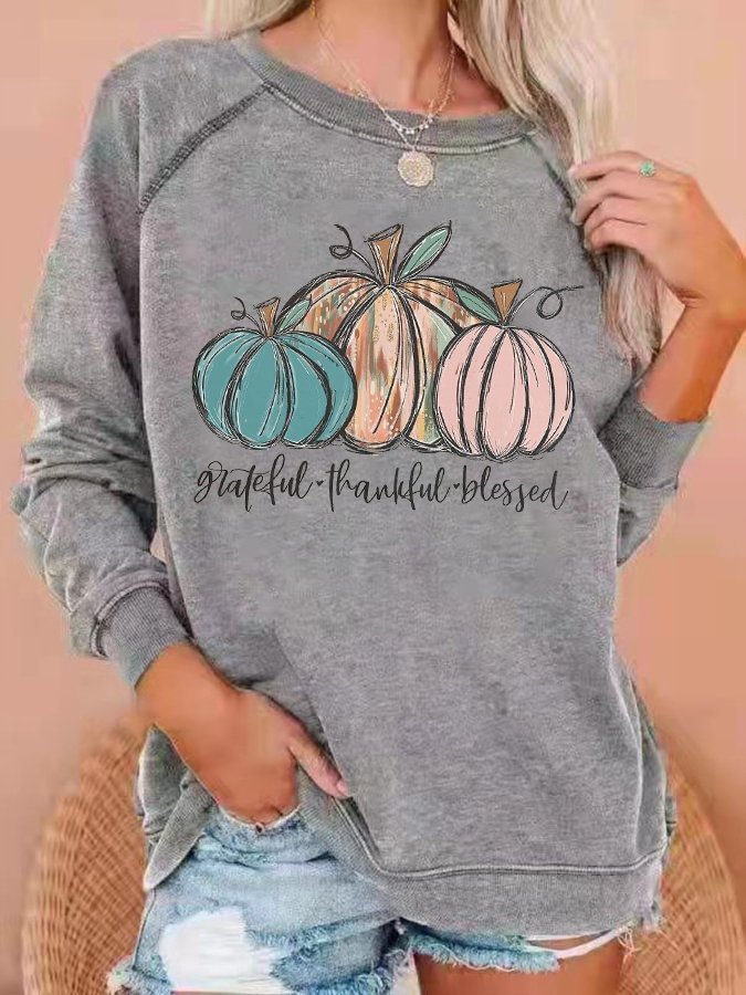 Women's Thanksgiving Grateful Thankful Blessed Print Casual Crewneck Sweatshirt