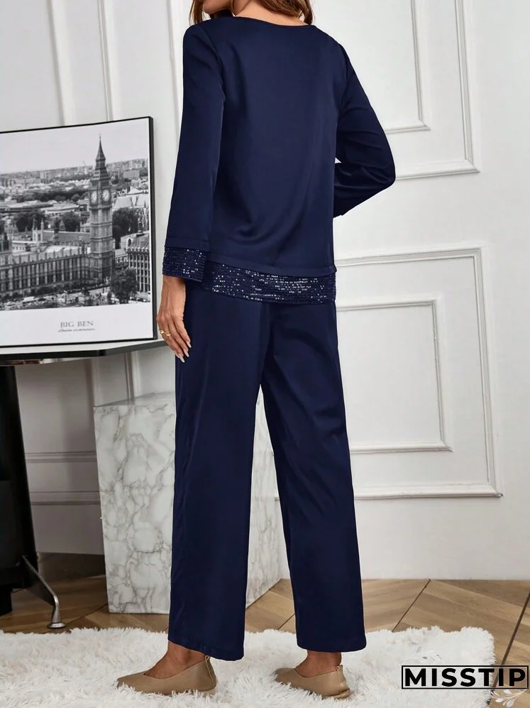 2pcs/Set Women Casual Solid Color Sequin Splice Long Sleeve Top And Pants Set, Autumn