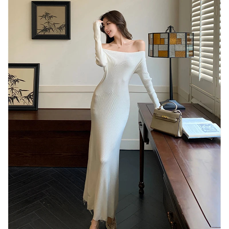 Autumn Elegant Sexy Solid Midi Knit Dress Women Long Sleeve Slim Spring New French Vintage Wedding Party Vestidos Robe Mujers Aiertu