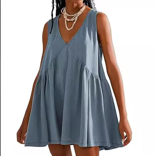 V-neck Sleeveless Pleated Vest Pocket Mini Dress