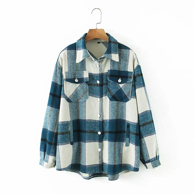 Fitshinling Vintage Checker Blouse Shirt Women Pockets Long Sleeve Tops 2021 High Quality Plaid Oversized BF Shirts Female Sale