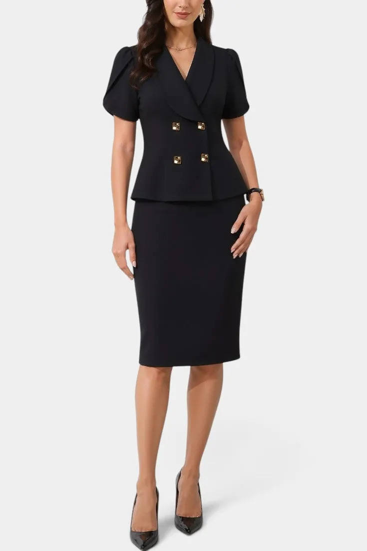 Structured Double-Breasted Blazer with Pencil Skirt Set