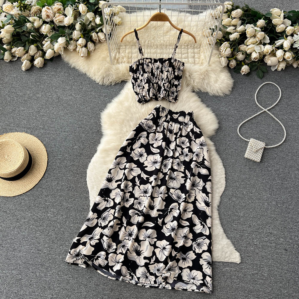 Women Dress Set New Summer Vacation Fashion Floral Print Straps Crop Tops Long Skirts Outfits Beach 2Pcs Suits