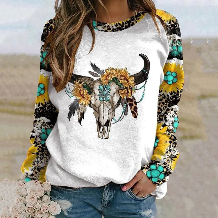 VChics Western Wind Bull Head Turquoise Flower Print Sweatshirt