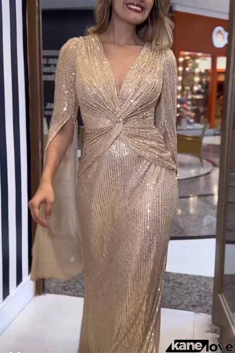 Sexy Formal Solid Sequins Fold V Neck A Line Dresses