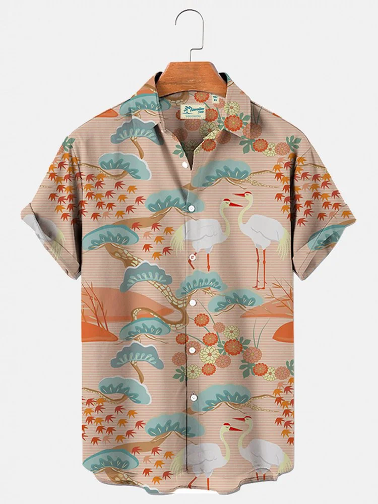 Men's Retro Japanese Hawaiian Shirts Ukiyo-e Crane Illustration Wrinkle Free Tops
