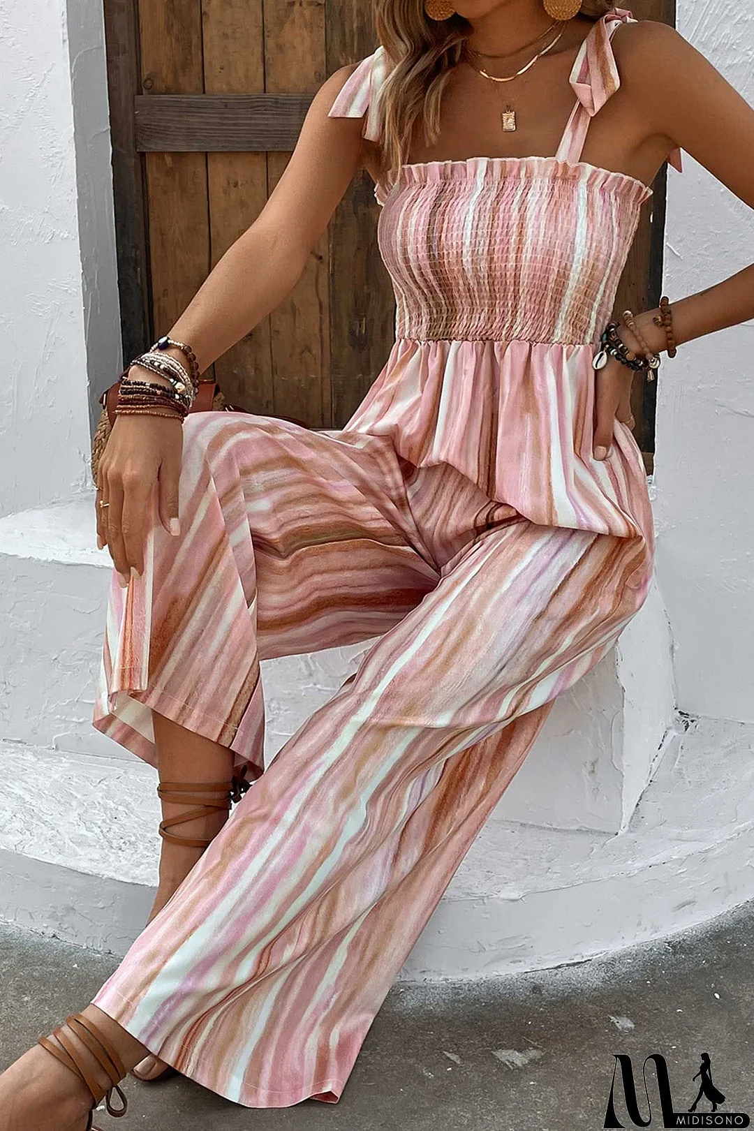 MidiSono - Gradient Striped Smocked Tie-Straps jumpsuits