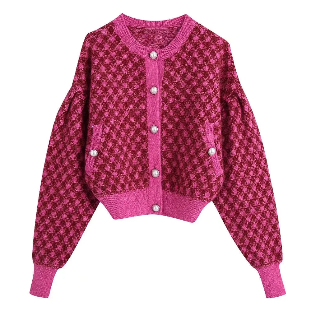 TRAF Women Fashion With Faux Pearl Button Check Knit Cardigan Sweater Vintage Long Sleeve Pockets Female Outerwear Chic Tops