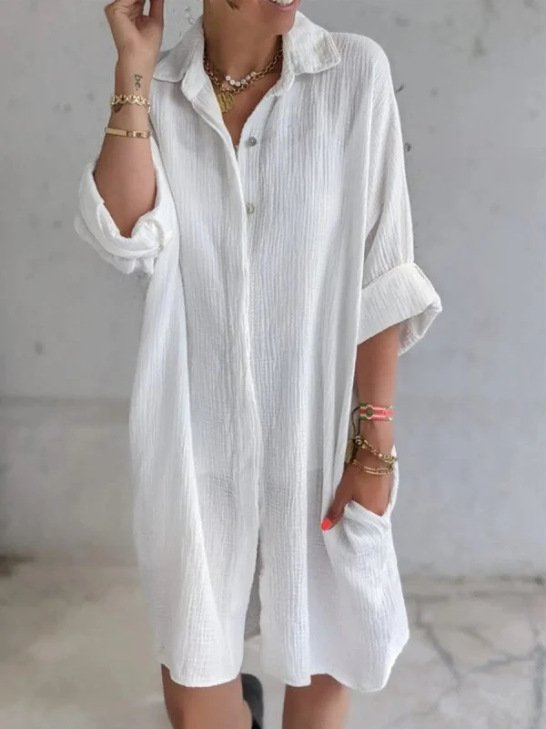 Long shirt women's cotton linen loose solid color pocket top