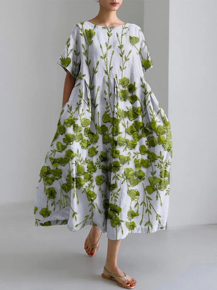 Floral Lace Splicing Art Linen Blend Dress