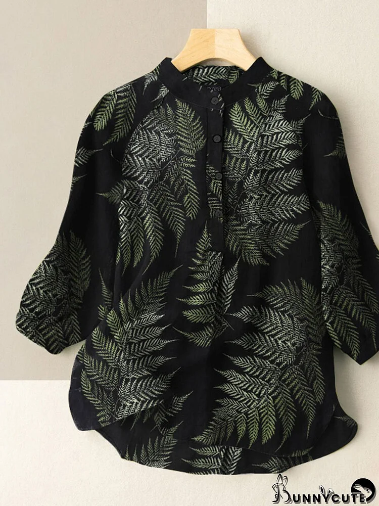 Tropical Leaves Print 3/4 Sleeve Casual Stand Collar Blouse