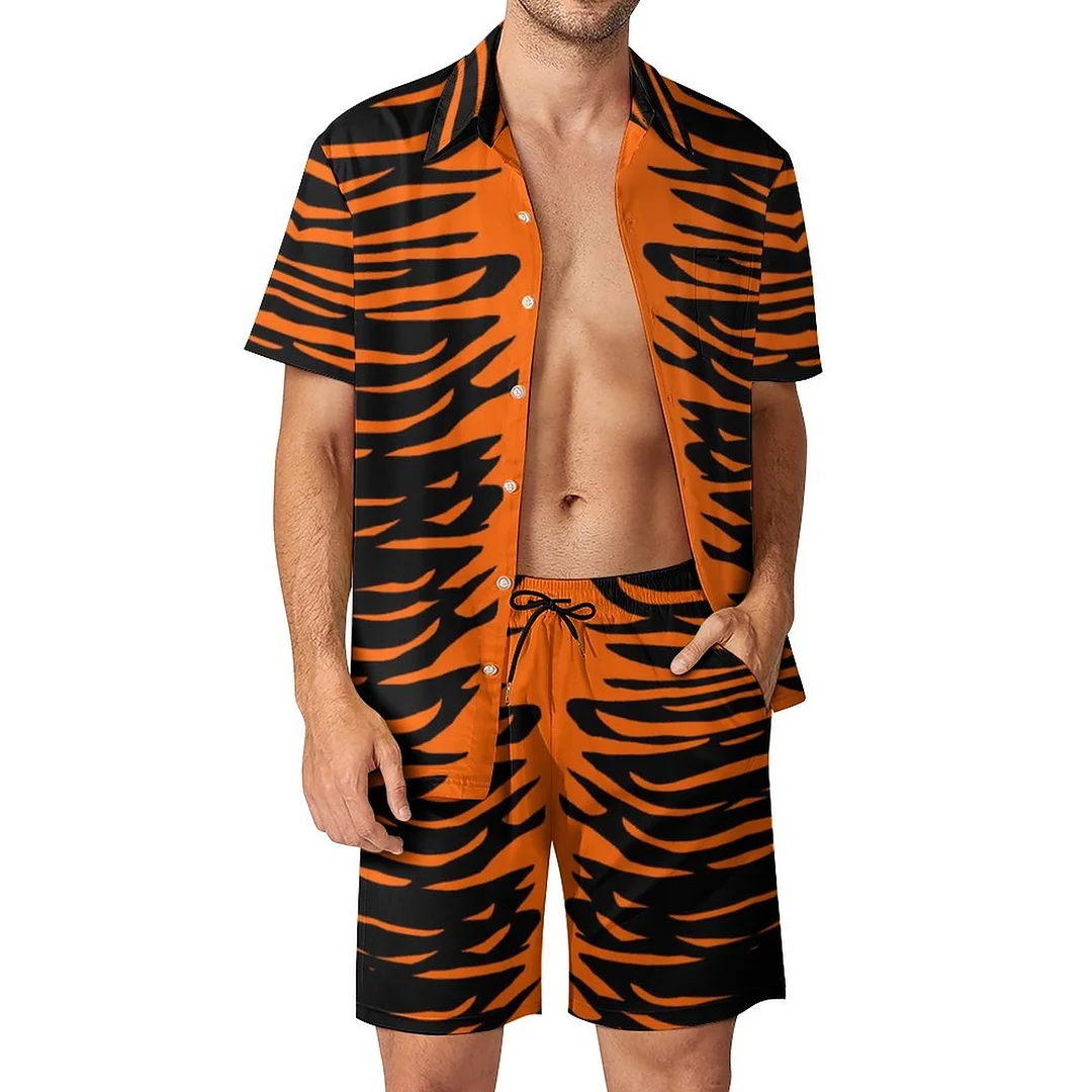 Halloween Tiger Stripes Men Hawaiian 2 Piece Outfit Vintage Button Down Beach Shirt Shorts Set Tracksuit with Pockets