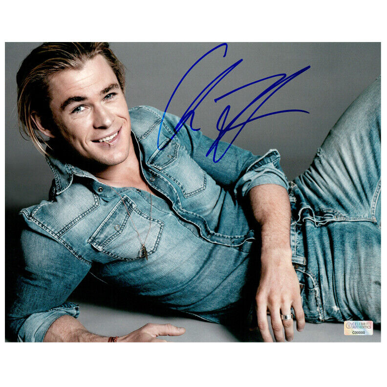 Chris Hemsworth Autographed Denim 8x10 Photo Poster painting