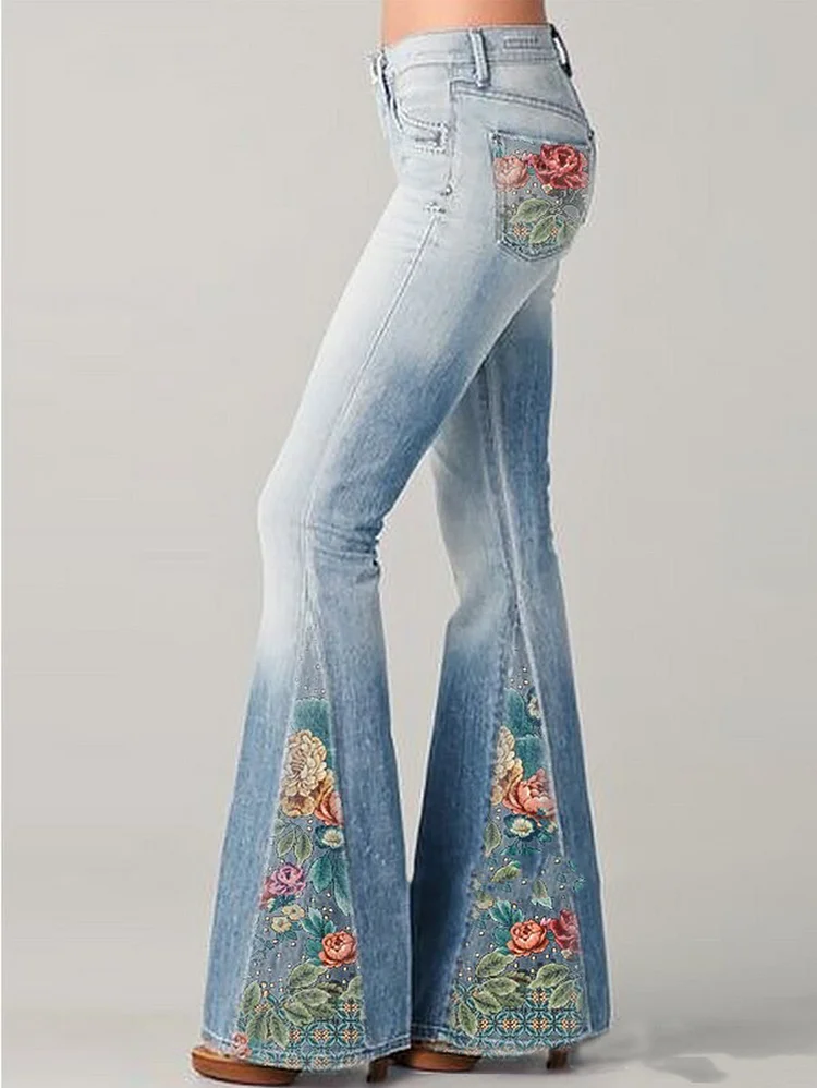Fashion Ombre Floral Print Flared Pants