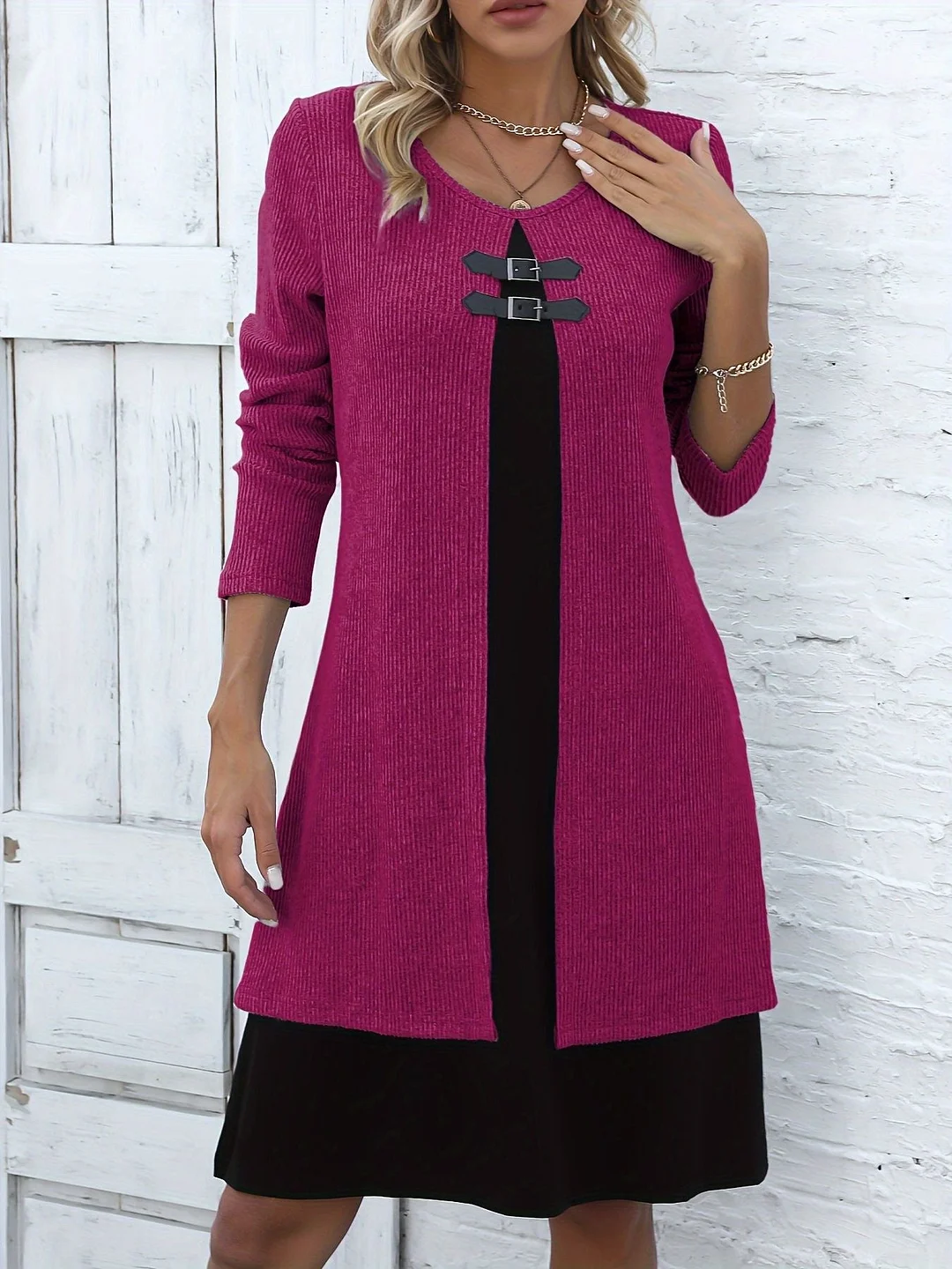 Women's Long Sleeve Scoop Neck Colorblock Fake Two-Piece Midi Dress