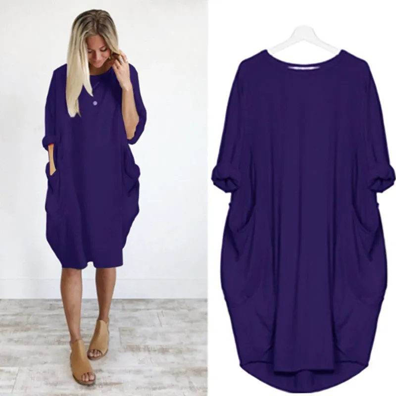 Autumn Solid Color Dress Women 2021 Fahsion Pocket O Neck Long Sleeve Loose Vintage Dresses Female Plus Size Casual Midi Dress