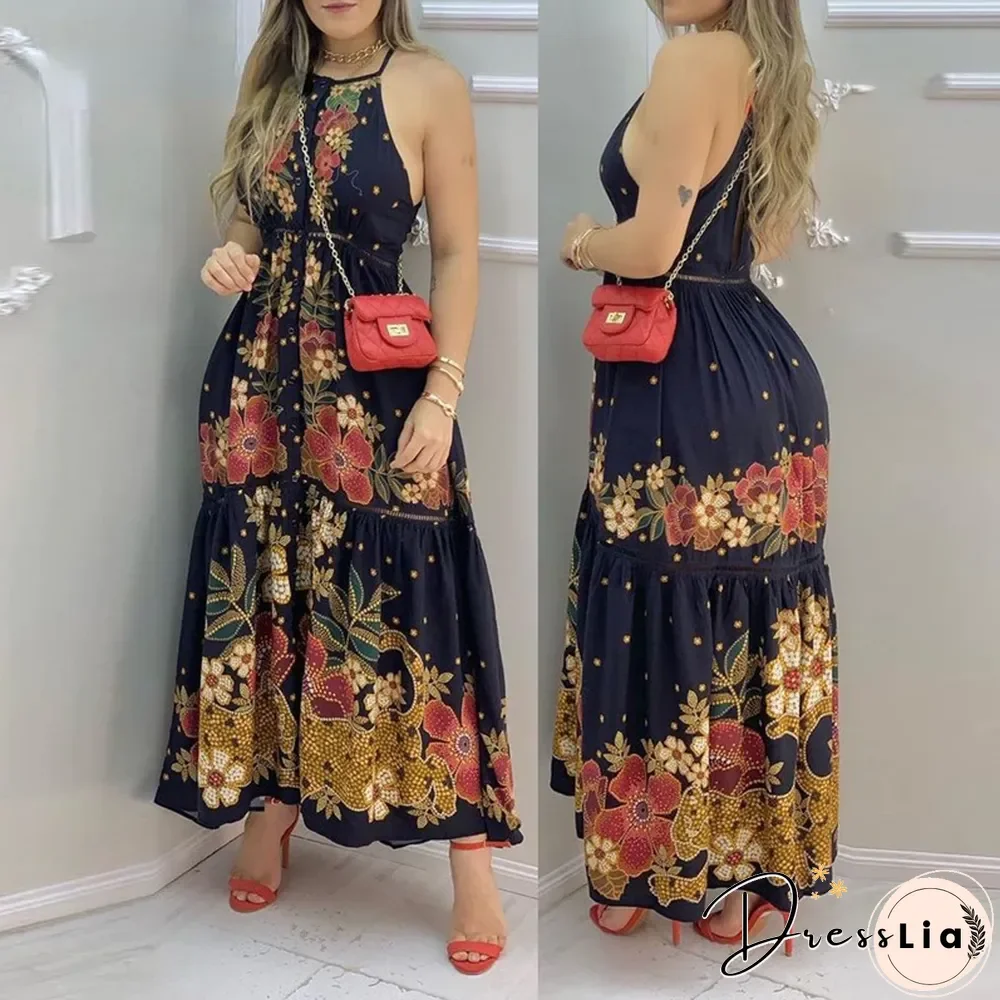 Vacation Dress Ladies Elegant Dress Floral Print Sleeveless Long Skirt