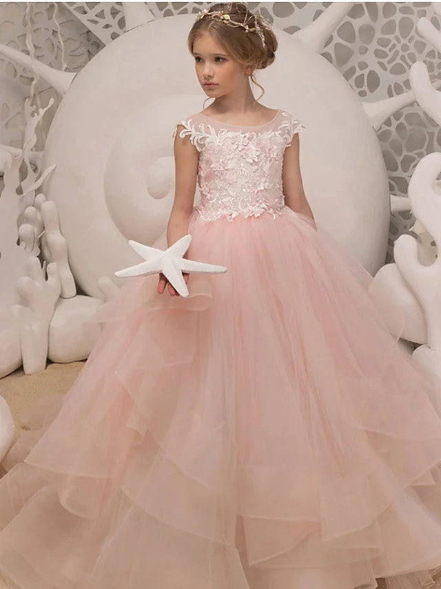 Hellodresses Ball Gown Sleeveless Jewel Neck Flower Girl Dresses Polyester  With Ruffles Appliques