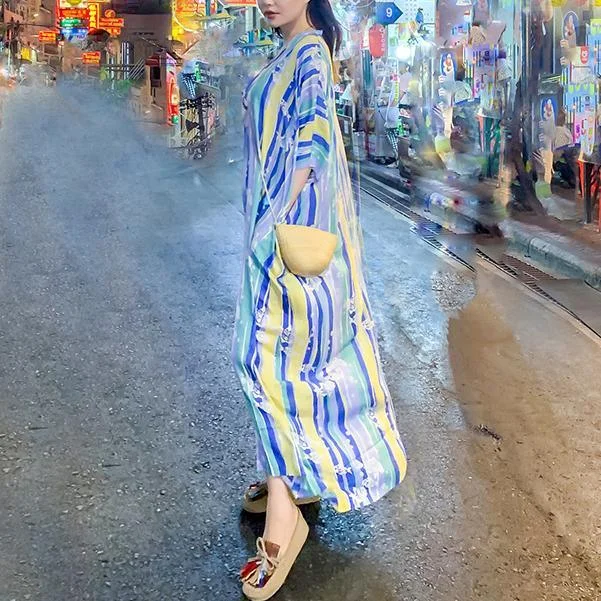 French v neck baggy summer Long Shirts Sewing striped long Dresses