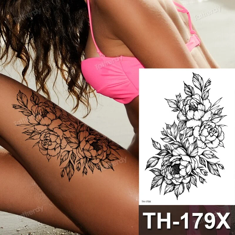Tattoo Sticker Flower Big Body Art Waterproof Temporary Sexy Thigh Tattoos For Woman Tattoo Fake Water Black Sketch Line Sleeve
