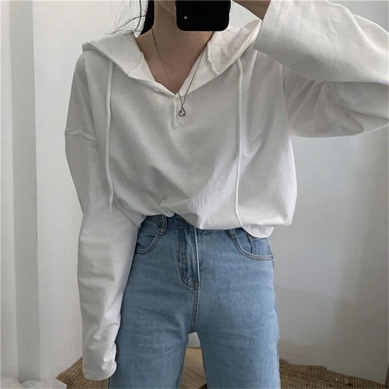 Toloer Toloer T-Shirt Hooded Female 2024 Autumn Dress New Korean Version Of Loose Plus-Size Button Bottom Shirt Thin Top To Wear-Outfit Ideas