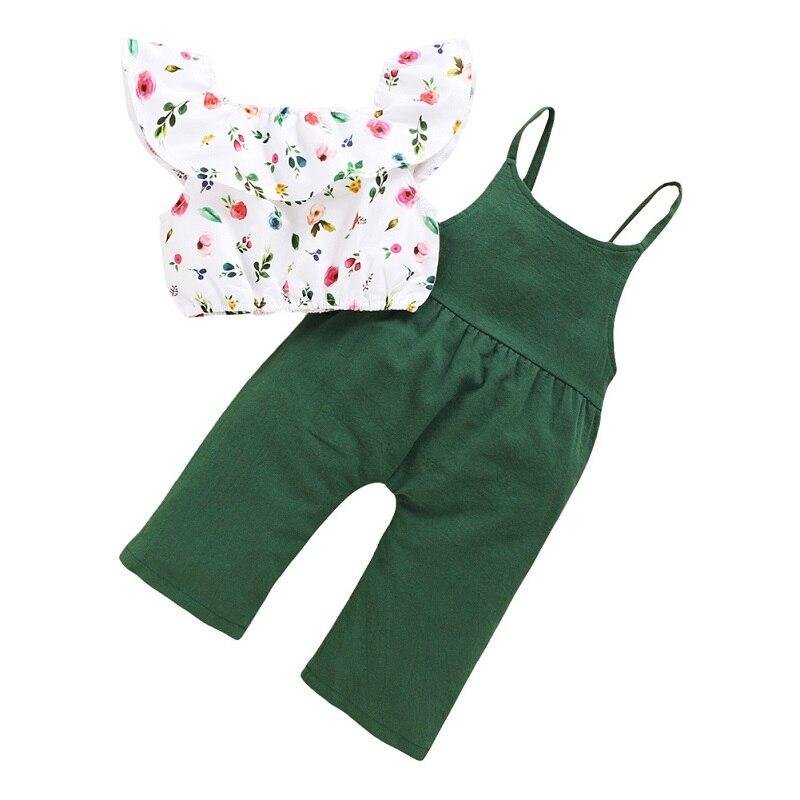 2 Pcs Infant Casual Outfits, Baby Girl Ruffle Off Shoulder Floral Crop Top + Tie Up Solid Color Overalls 1-6T