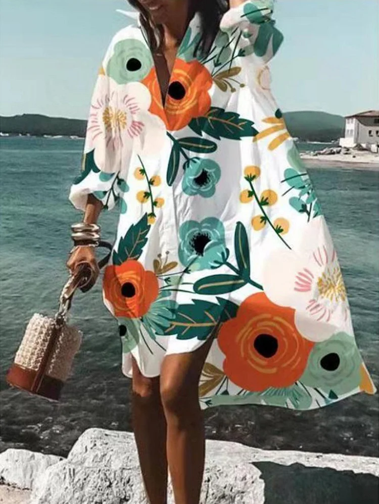 Casual Vacation Floral Pattern Loose Shirtdress Midi Dress