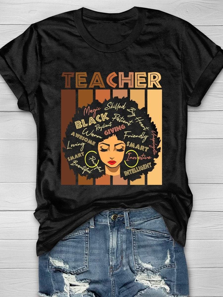 Black Smart Teacher Print Short Sleeve T-shirt