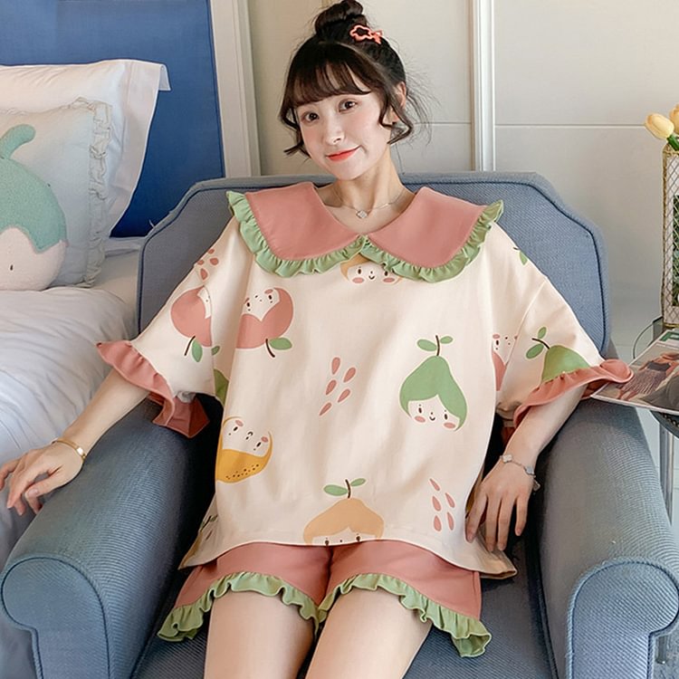 Sweet Doll Collar Cartoon Pear Print Pajamas Two Pieces Set - Modakawa Modakawa