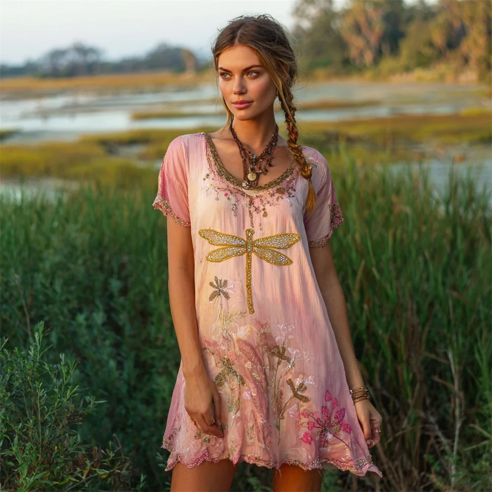 Boho Dragonfly & Dandelion Embroidered Women's Mini Dress