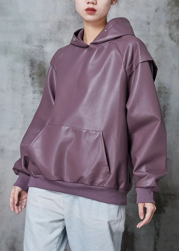 Unique Purple Hooded Faux Leather Sweatshirts Tops Winter