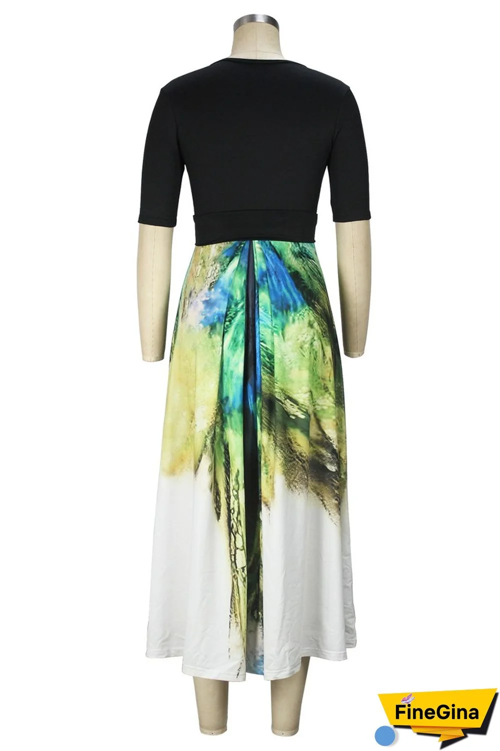 Colour Casual Print Patchwork V Neck Long Dress Dresses