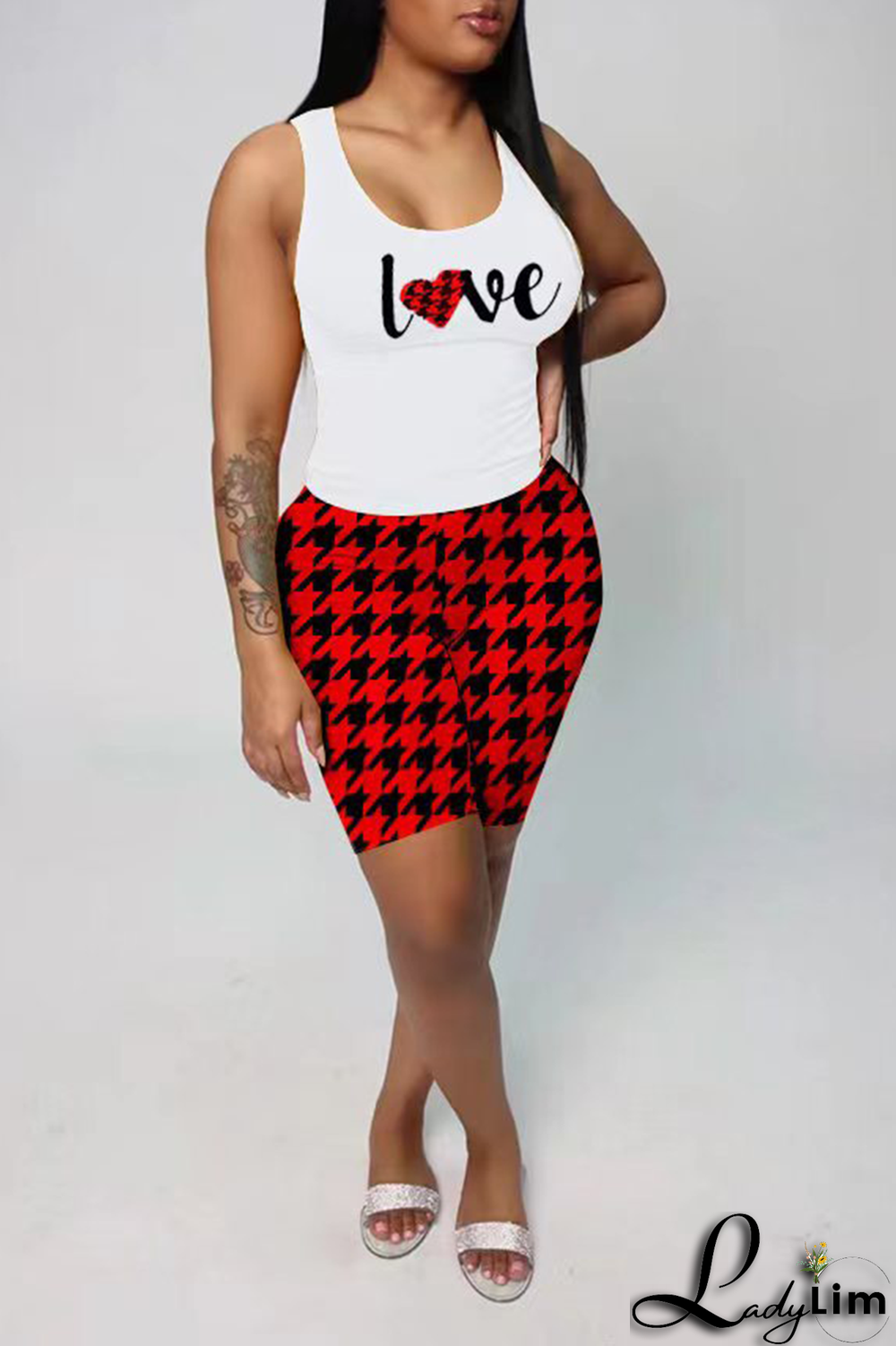 Red Casual Print Patchwork Letter U Neck Sleeveless Two Pieces