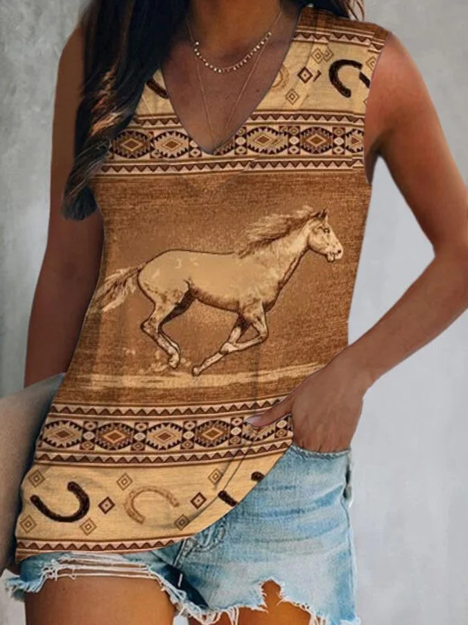 V-Neck Horse West Print Tank Top