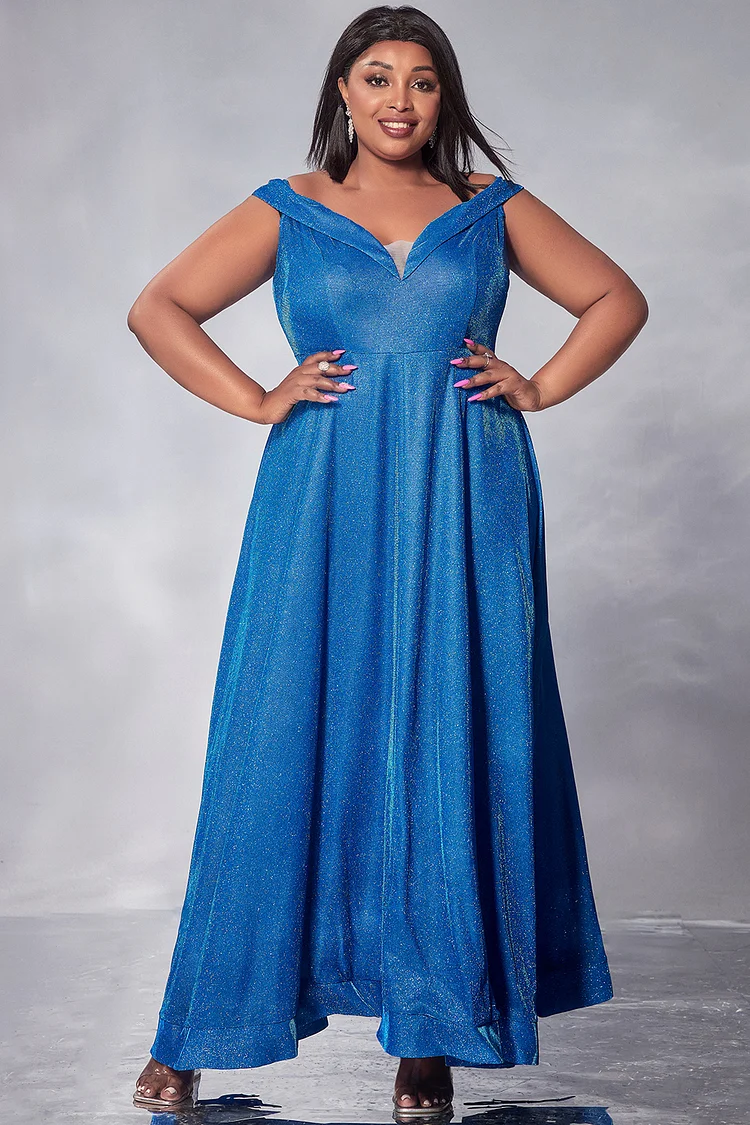 Xpluswear Design Plus Size Formal Maxi Dresses Elegant Blue Fall Winter V Neck Glitter Fabric Maxi Dresses [Pre-Order]