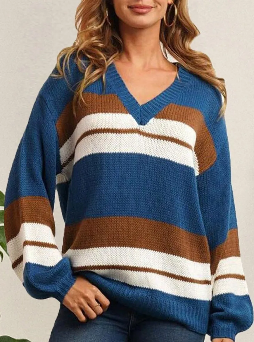 V-neck Loose Casual Striped Sweater Pullover