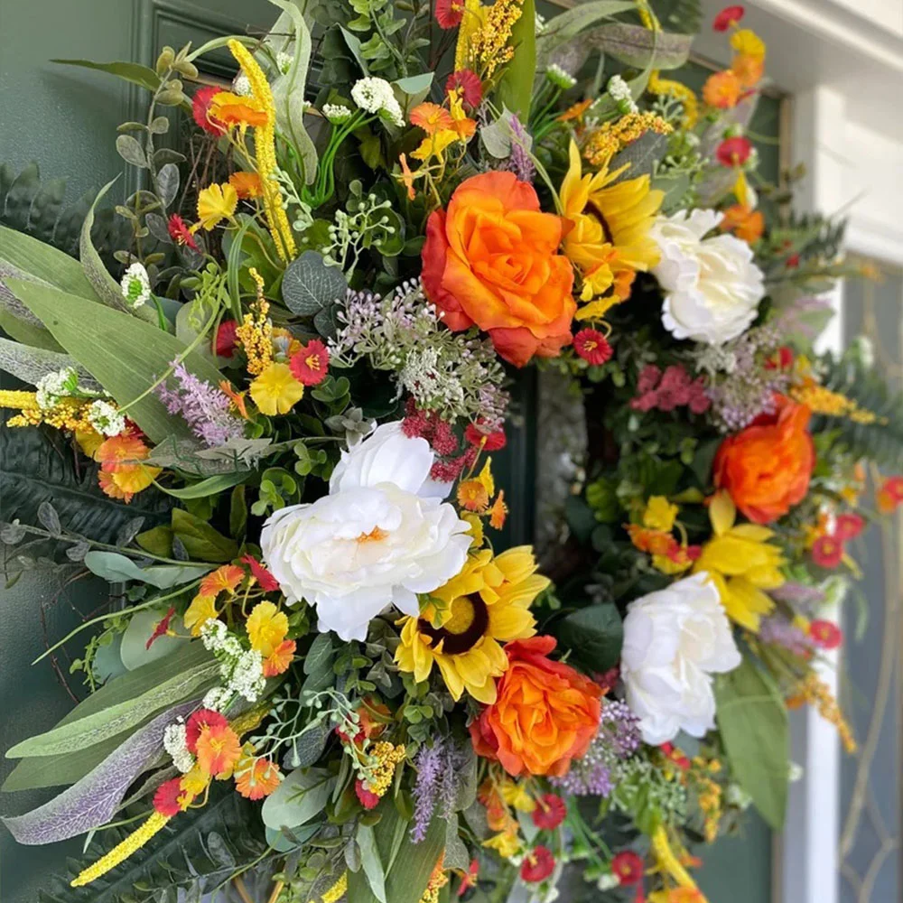 Berry Rattan Circle Simulation Sunflower Wreath Ornament for Thanksgiving