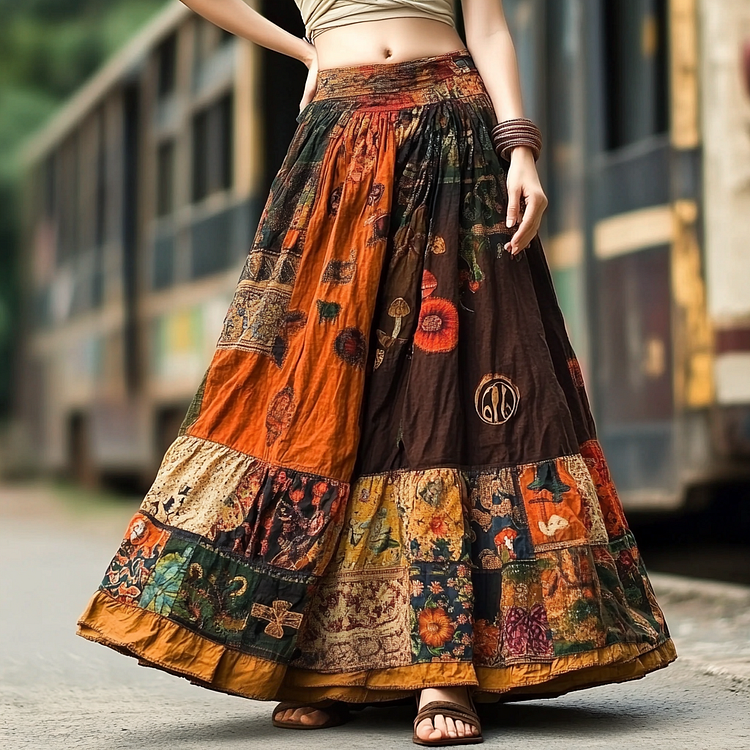 Women's Vintage Bohemian Art Linen Skirt