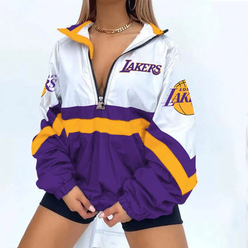 Women's Support Los Angeles Lakers Basketball Print V Neck Zipper