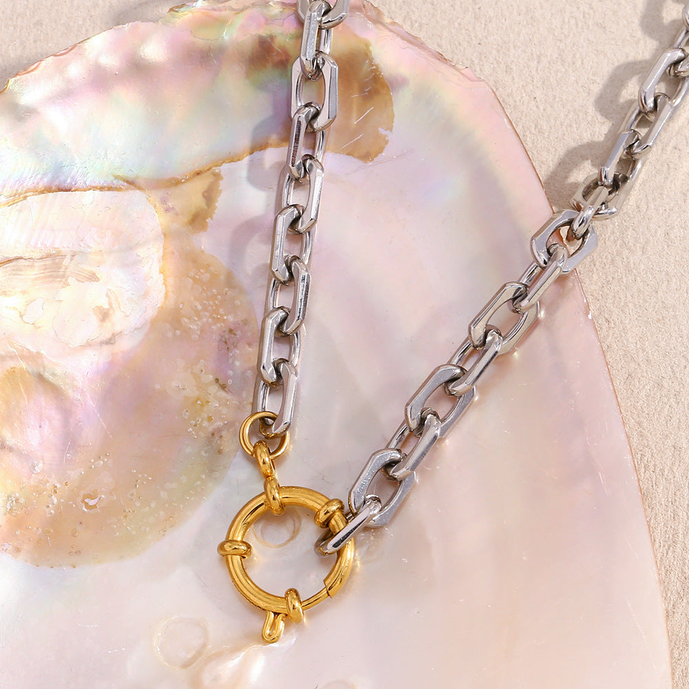 Versatile Personality Niche Fashion Necklace Stainless Steel Plated 18K Gold Spring Buckle Square Chain