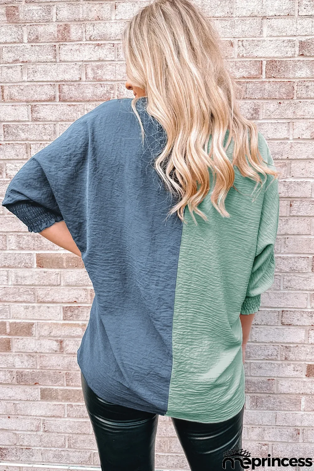 Green Color Block Shirred 3/4 Sleeve V Neck Top