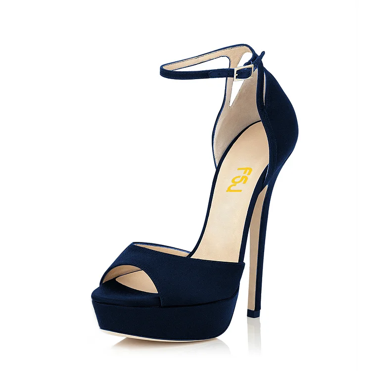 Women's Navy Ankle Strap High Heels Shoes Peep Toe Platform Sandals |FSJ Shoes