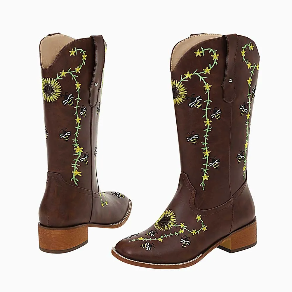 Brown Square Toe Mid Calf Sunflower Embroidered Cowgirl Boots 