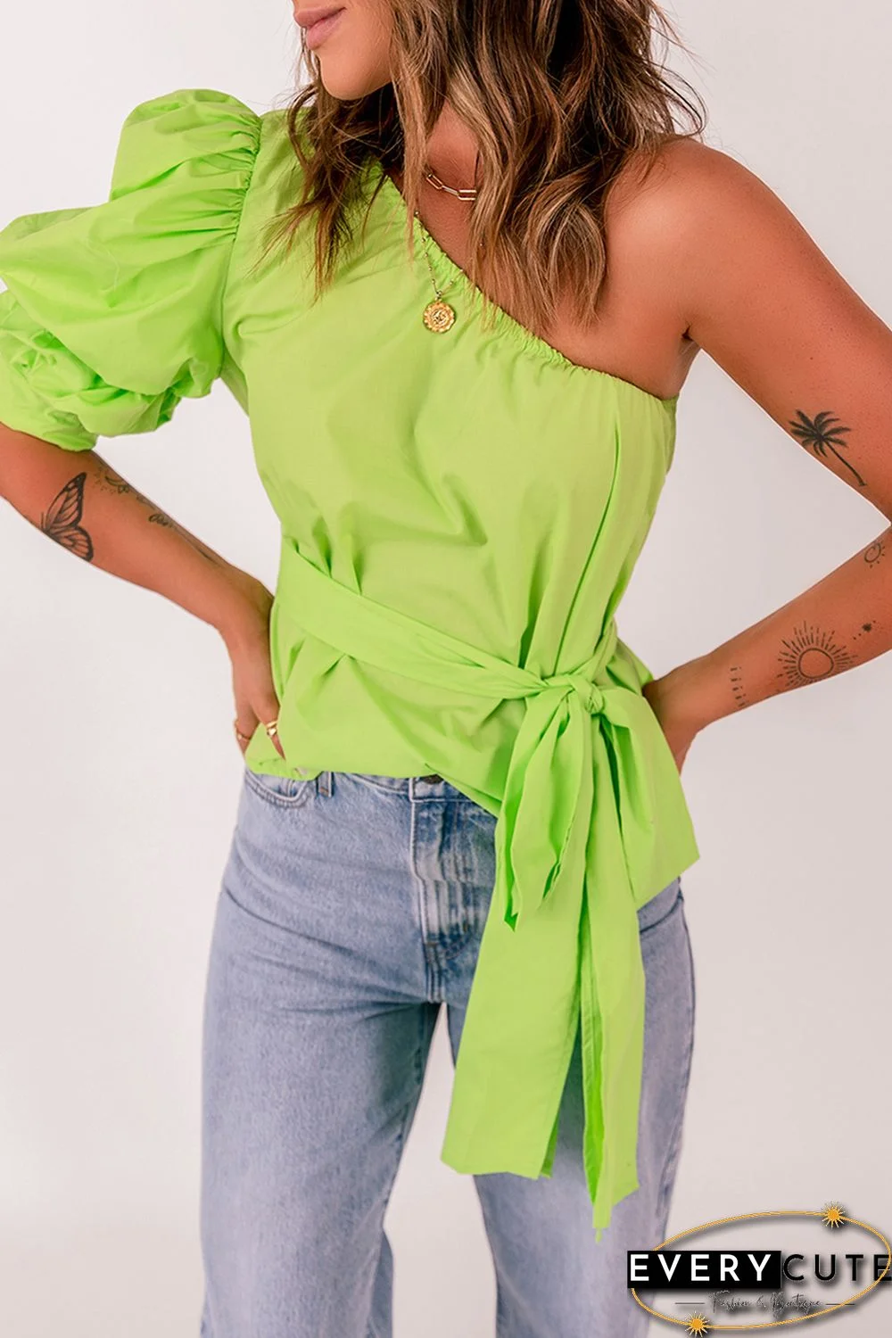 Lace-up Puff Sleeve One Shoulder Blouse