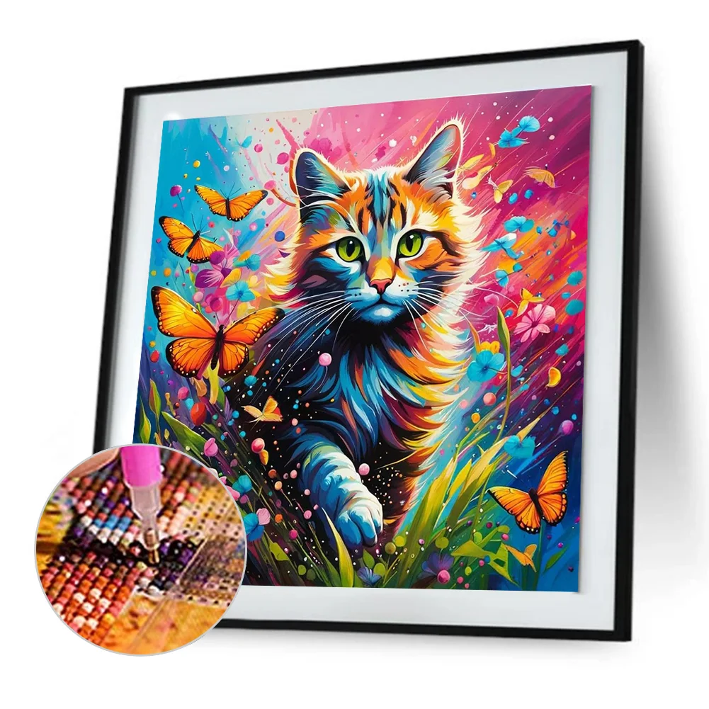 Diamond Painting - Full Round Drill - Cat Butterfly(Canvas|30*30cm)