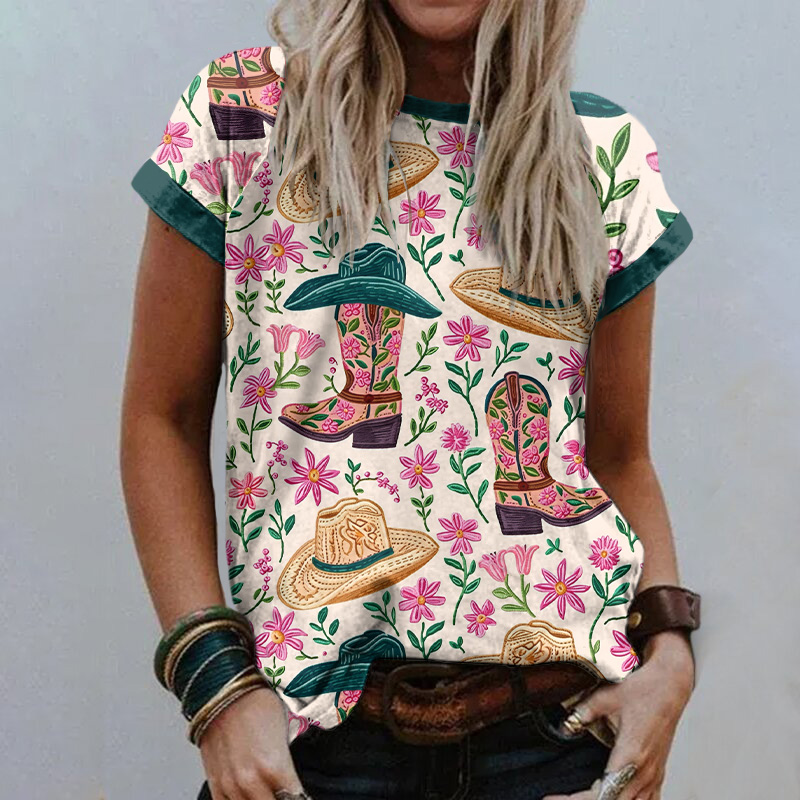  Western Print Short Sleeve Casual T-Shirt Westsshops