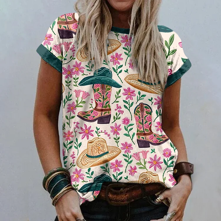 Western Print Short Sleeve Casual T-Shirt