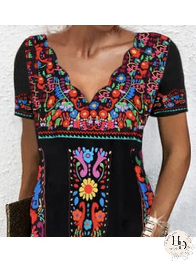 Casual Dress Floral Dress Mini Dress Black Short Sleeve Print Print Spring Summer V Neck Basic Weekend Summer Dress Spring Dress S M L XL 2XL 3XL for Women